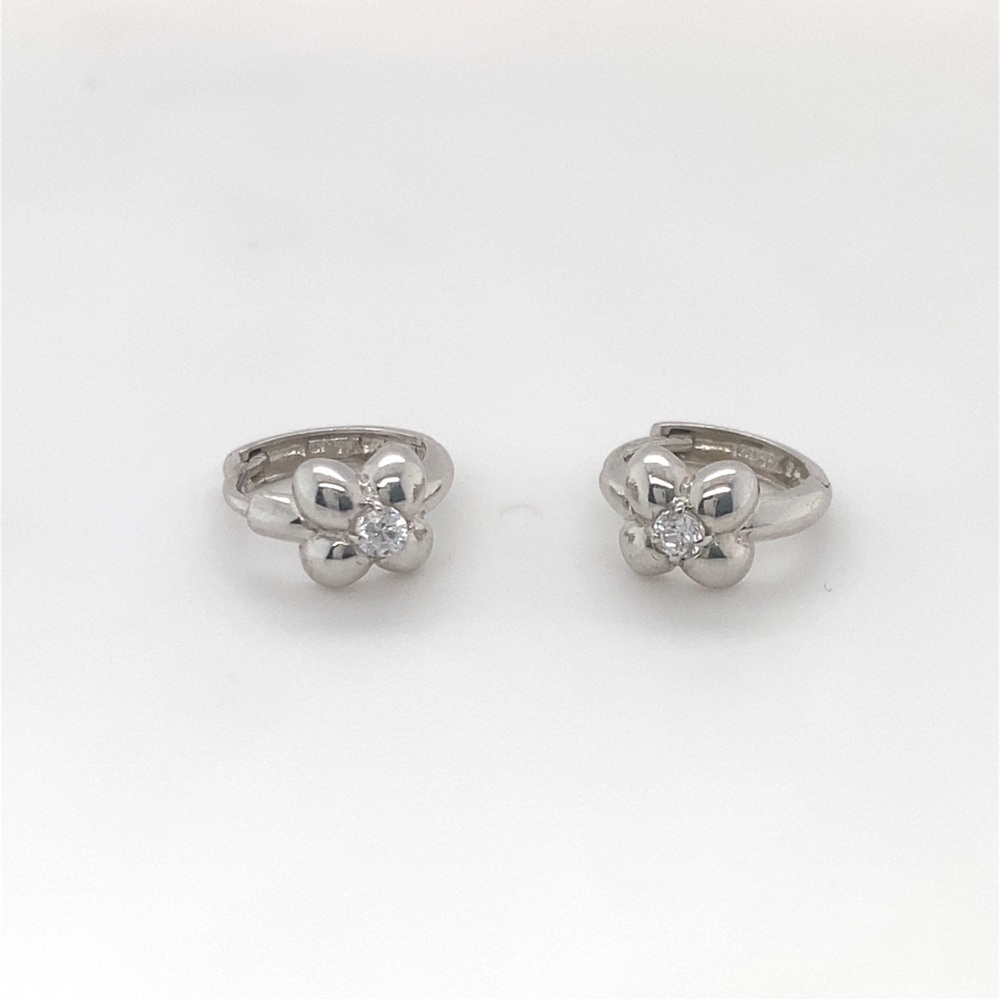 White Gold Diamond Flower Huggie Earrings Solitaire Round Continuous Hoops